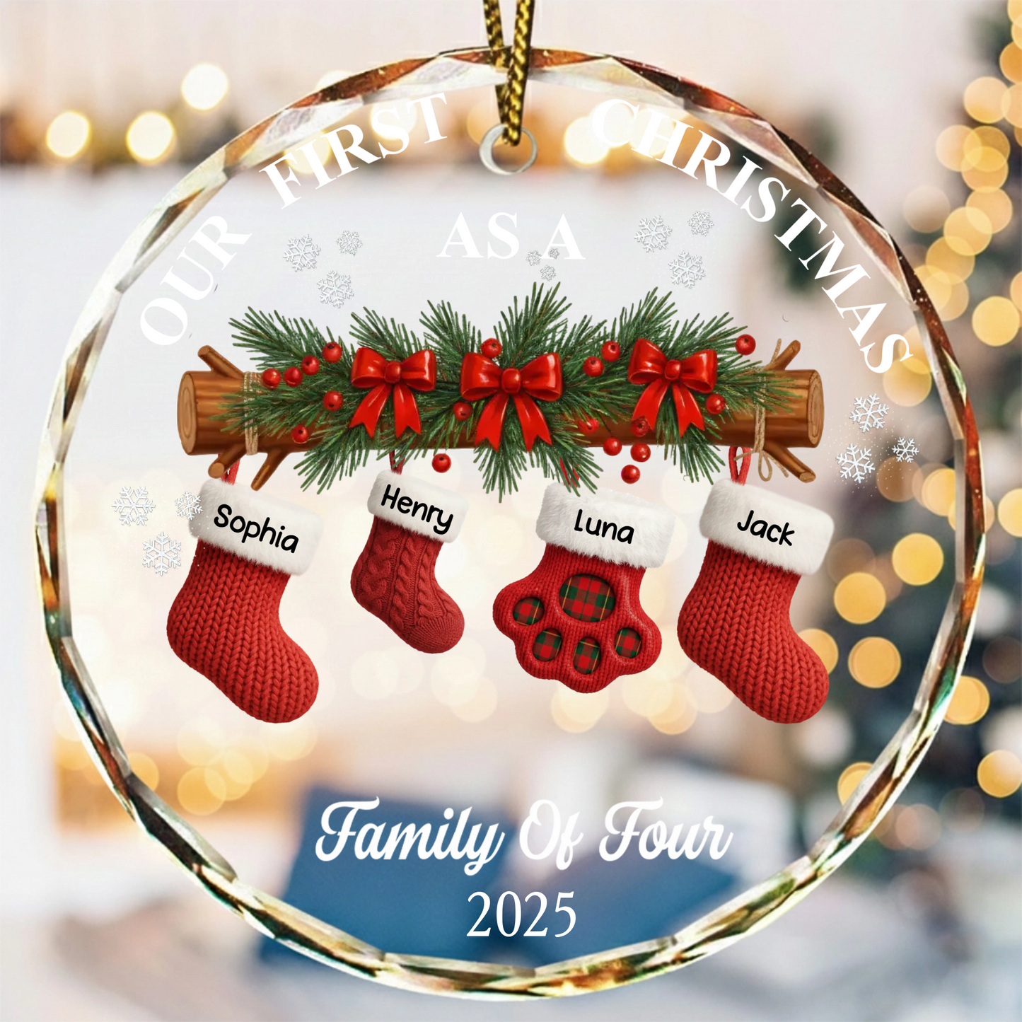 First Christmas Stocking Family - Personalized Circle Glass Ornament