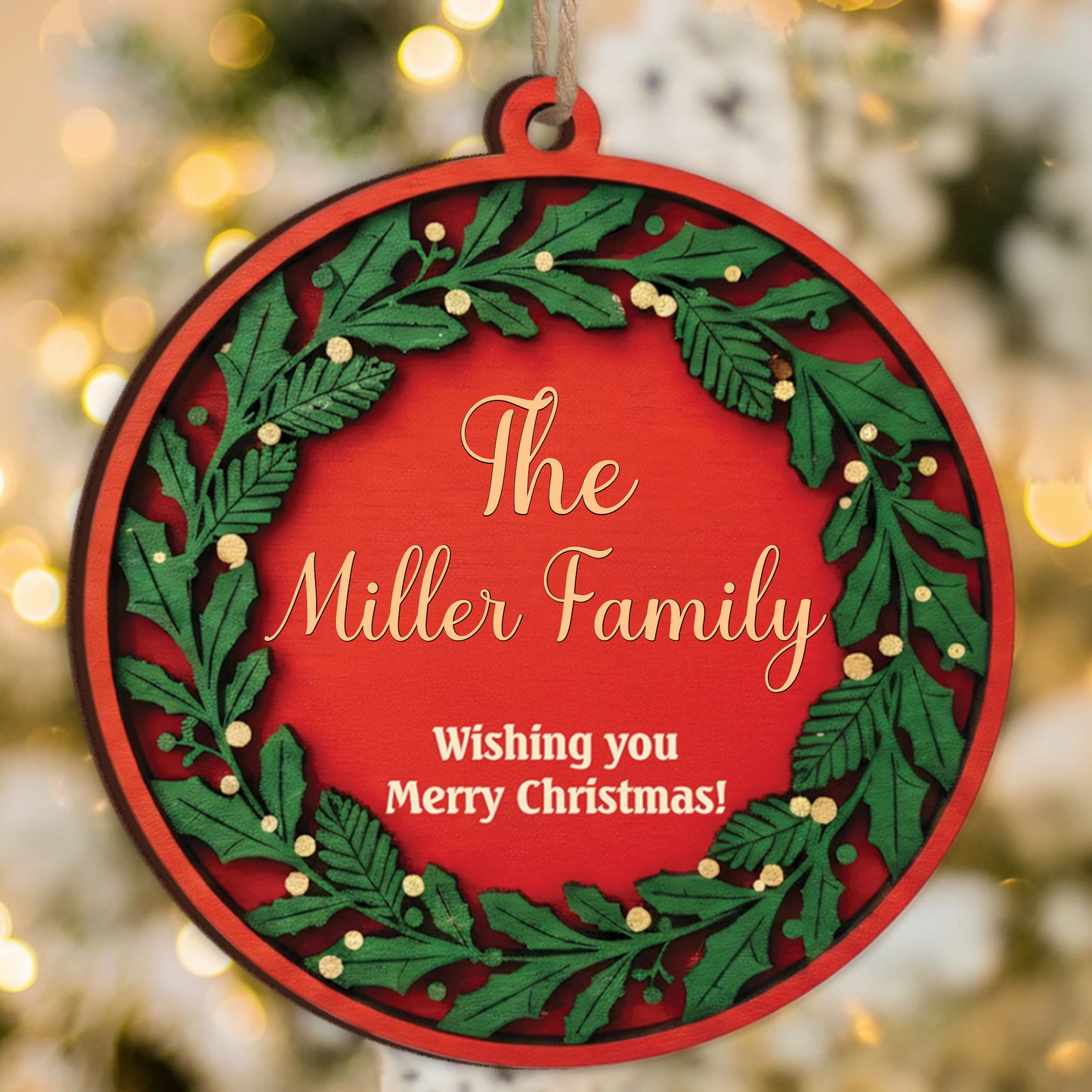 Wishing You Merry Christmas Custom Ornament - Personalized Family Name Wreath Gift