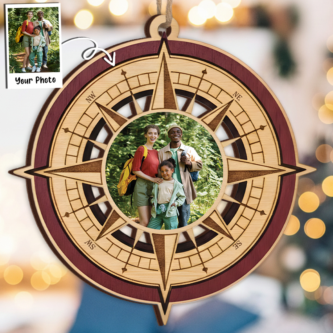 Custom Photo Compass Ornament - Layered Wood Keepsake