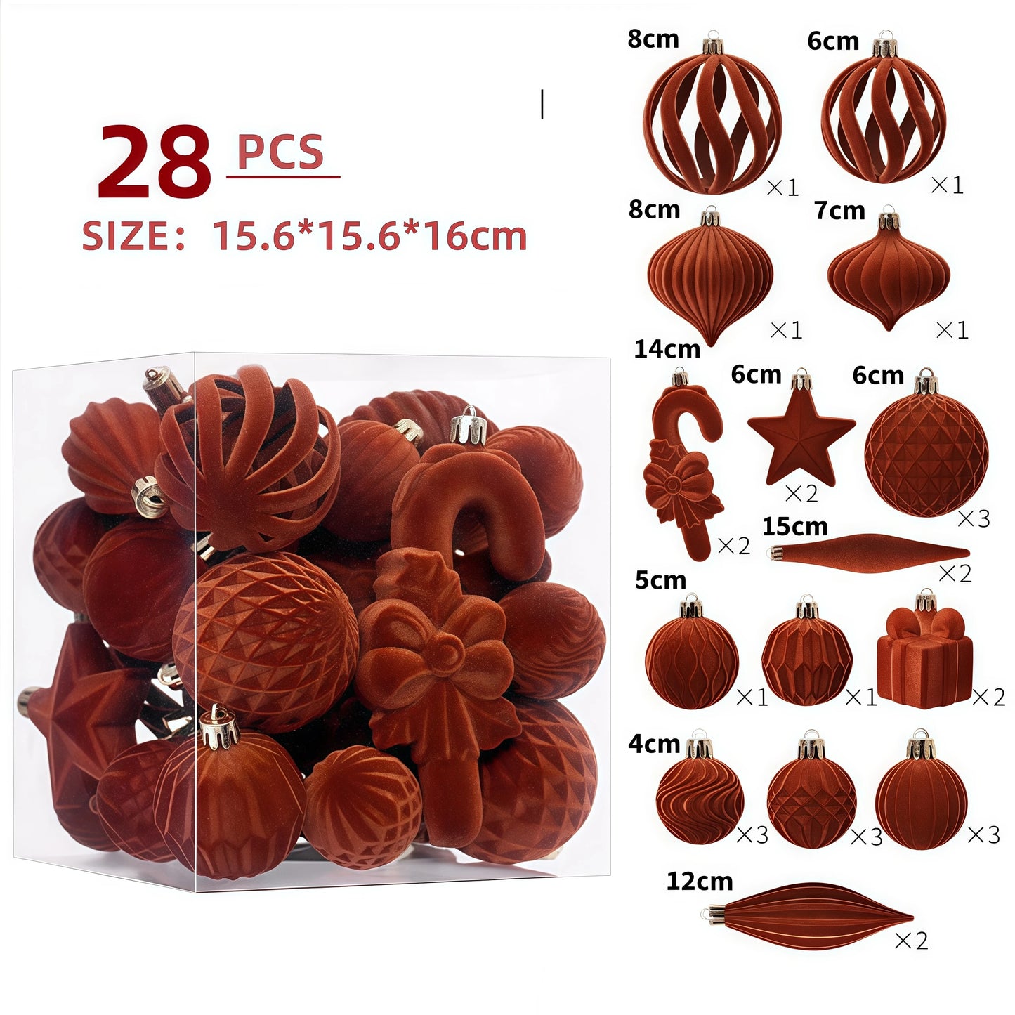 28PCS Multi Size Velvet Christmas Ball Set Star Scepter Round Xmas Ball Santa Tree Ornaments Home Christmas Decorations Gifts