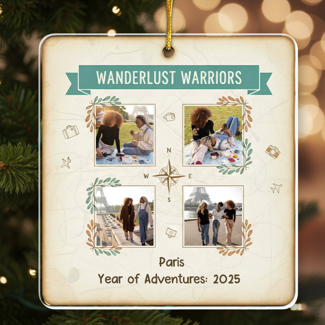 Wanderlust Warriors Personalized Photo Ornament - Custom 4 Pictures Travel Keepsake