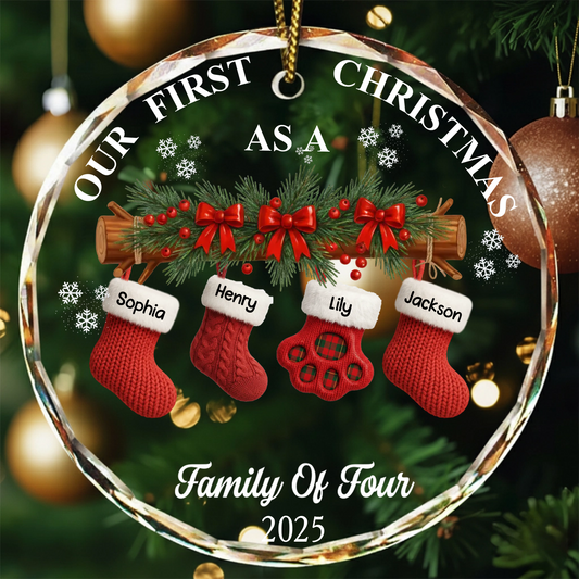 First Christmas Stocking Family - Personalized Circle Glass Ornament