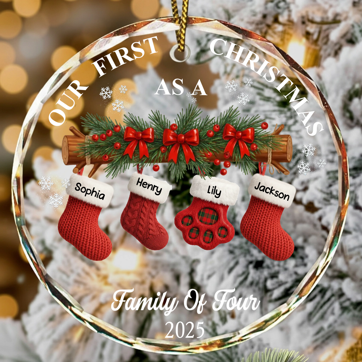 First Christmas Stocking Family - Personalized Circle Glass Ornament