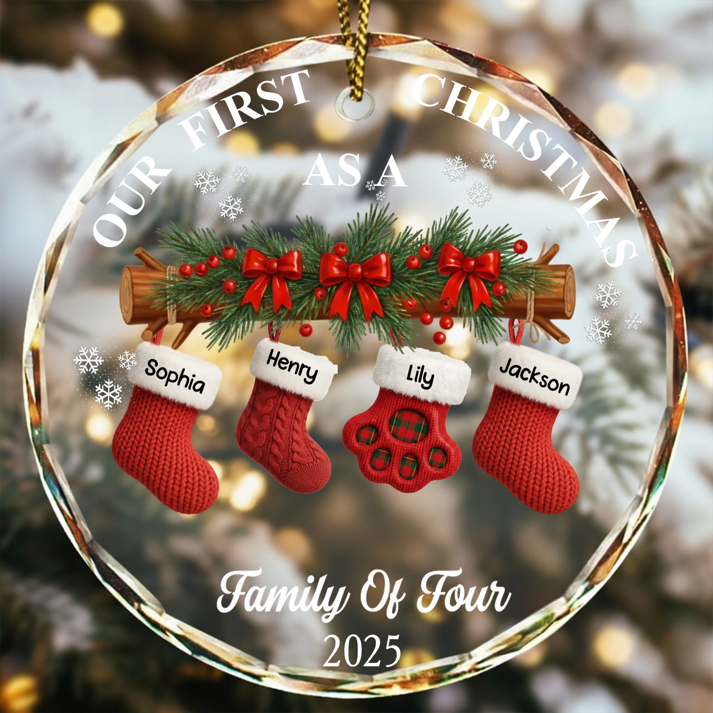 First Christmas Stocking Family - Personalized Circle Glass Ornament