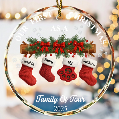 First Christmas Stocking Family - Personalized Circle Glass Ornament