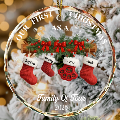 First Christmas Stocking Family - Personalized Circle Glass Ornament