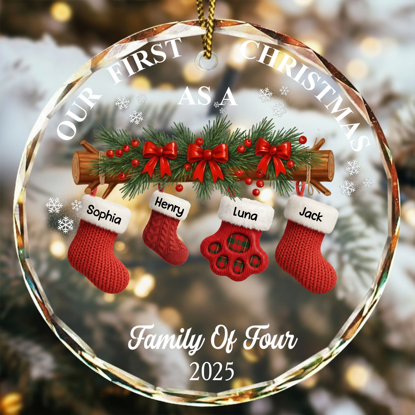 First Christmas Stocking Family - Personalized Circle Glass Ornament
