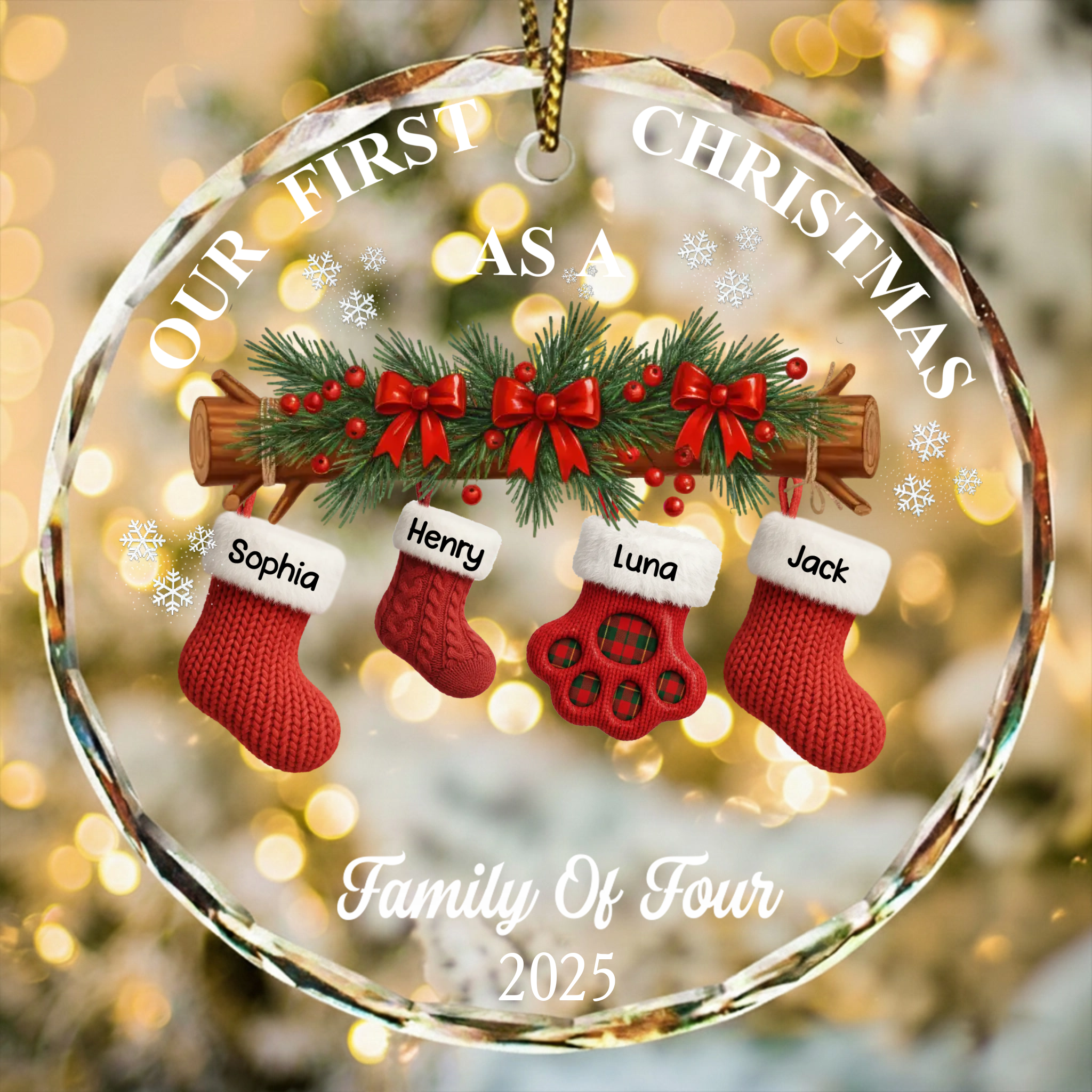 First Christmas Stocking Family - Personalized Circle Glass Ornament