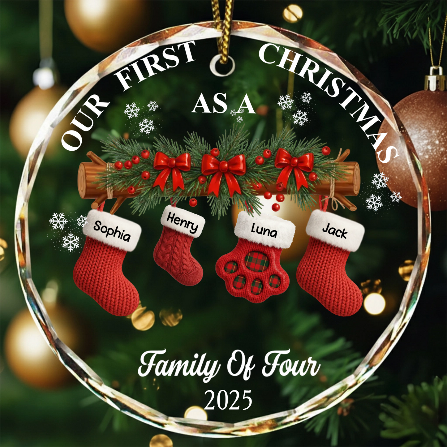 First Christmas Stocking Family - Personalized Circle Glass Ornament