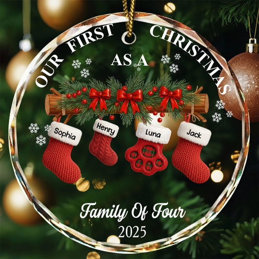 First Christmas Stocking Family - Personalized Circle Glass Ornament