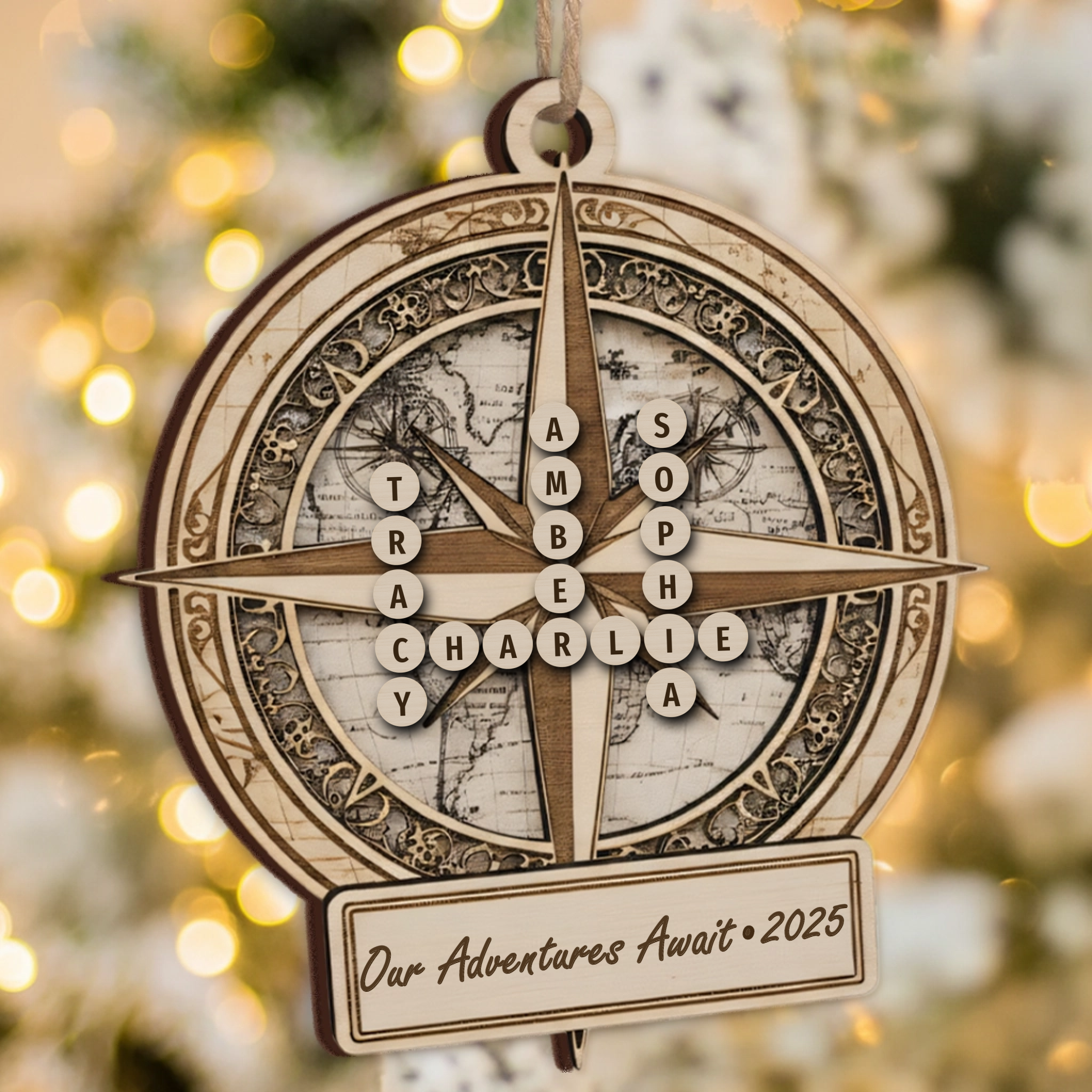 Our Adventures Await Custom Scrabble Name Ornament - World Map Compass Gift
