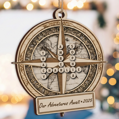 Our Adventures Await Custom Scrabble Name Ornament - World Map Compass Gift