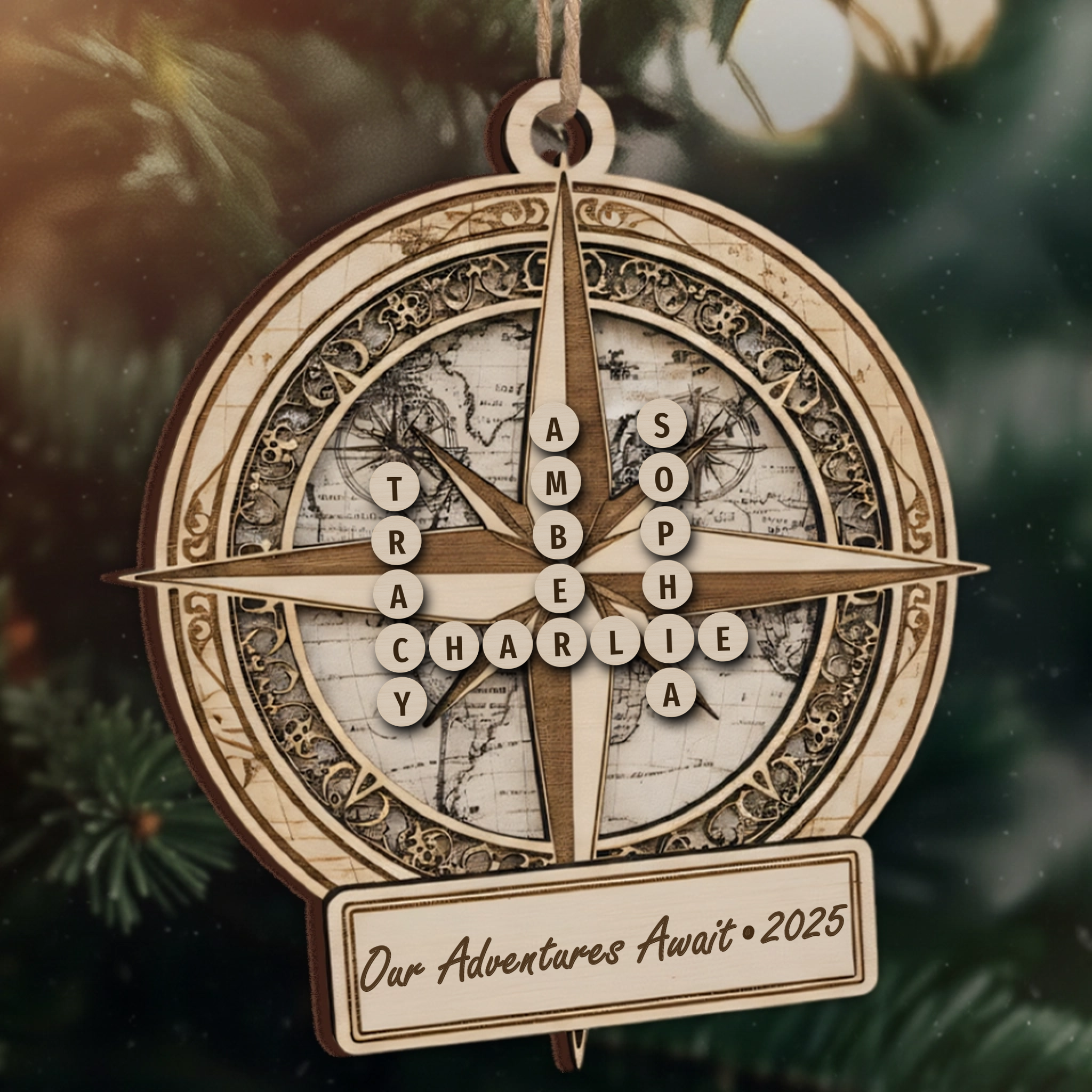 Our Adventures Await Custom Scrabble Name Ornament - World Map Compass Gift