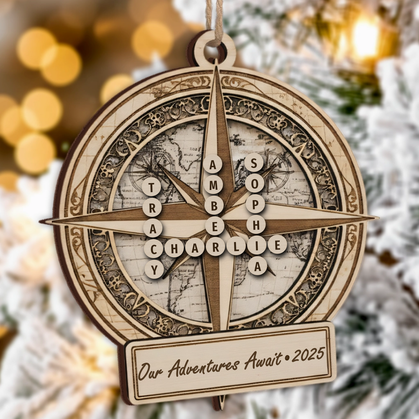Our Adventures Await Custom Scrabble Name Ornament - World Map Compass Gift