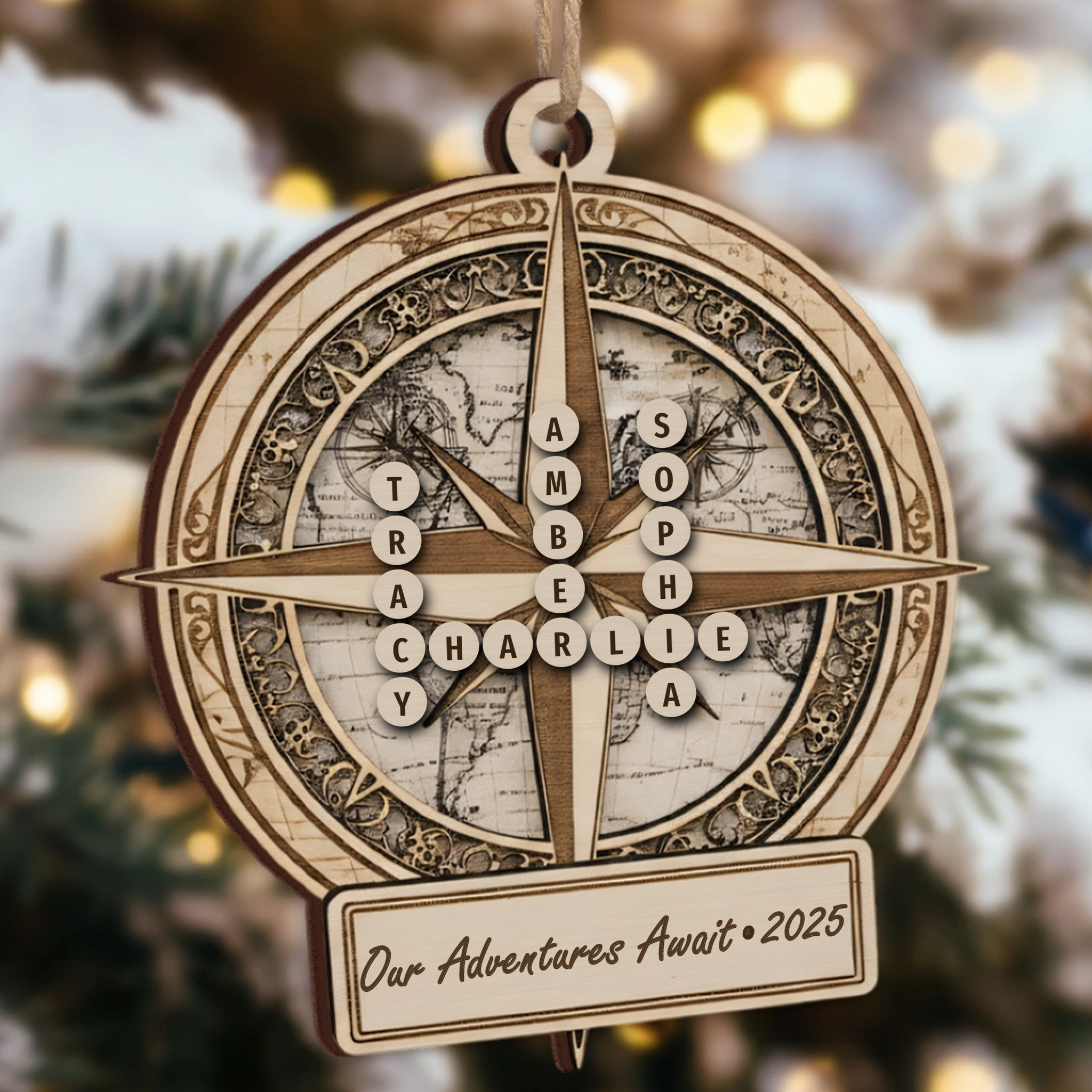 Our Adventures Await Custom Scrabble Name Ornament - World Map Compass Gift