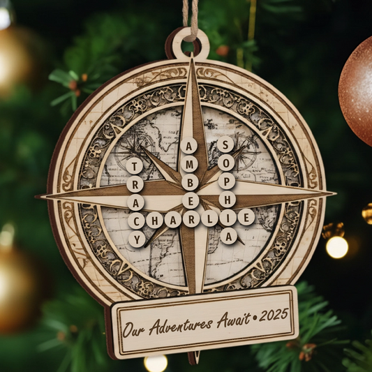 Our Adventures Await Custom Scrabble Name Ornament - World Map Compass Gift