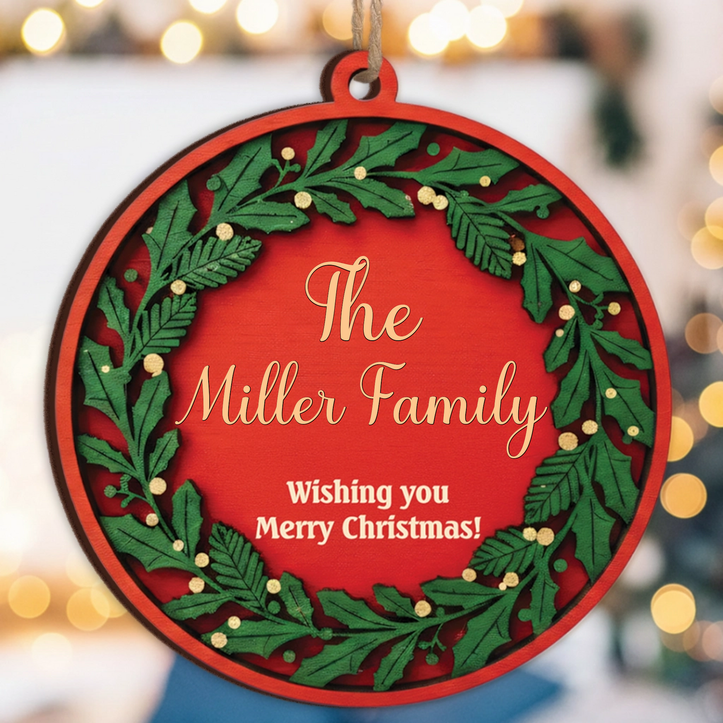 Wishing You Merry Christmas Custom Ornament - Personalized Family Name Wreath Gift