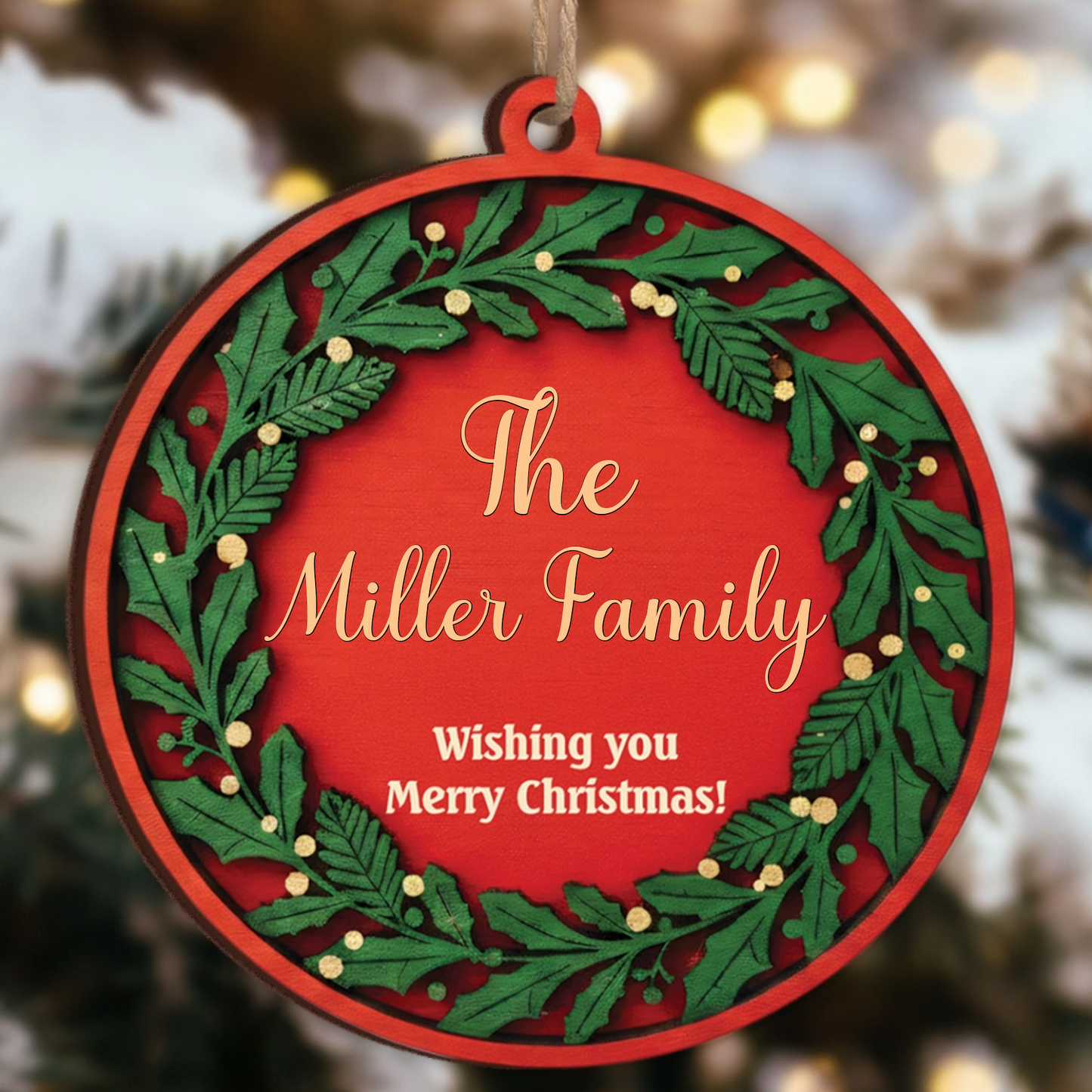 Wishing You Merry Christmas Custom Ornament - Personalized Family Name Wreath Gift