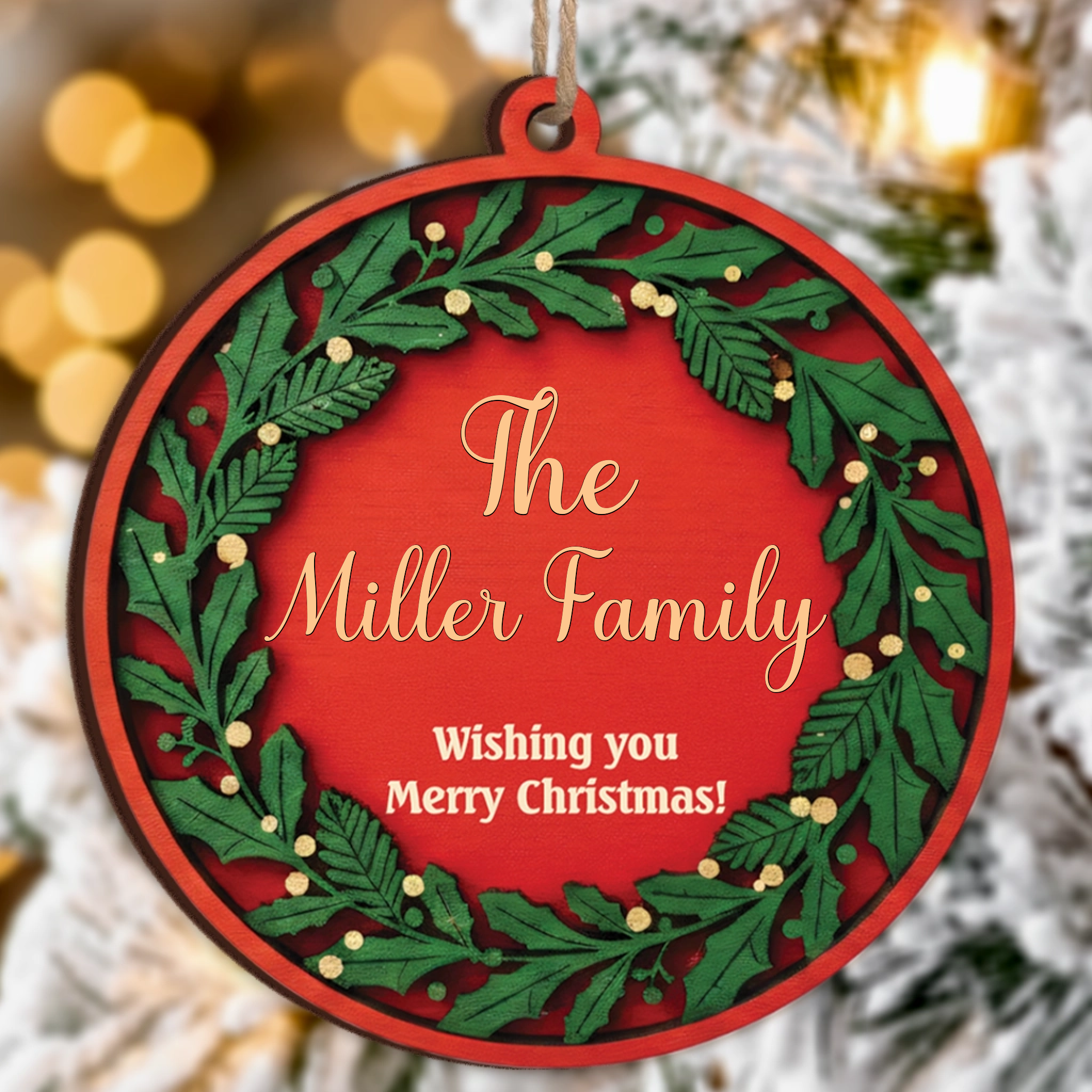 Wishing You Merry Christmas Custom Ornament - Personalized Family Name Wreath Gift