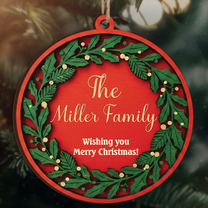 Wishing You Merry Christmas Custom Ornament - Personalized Family Name Wreath Gift