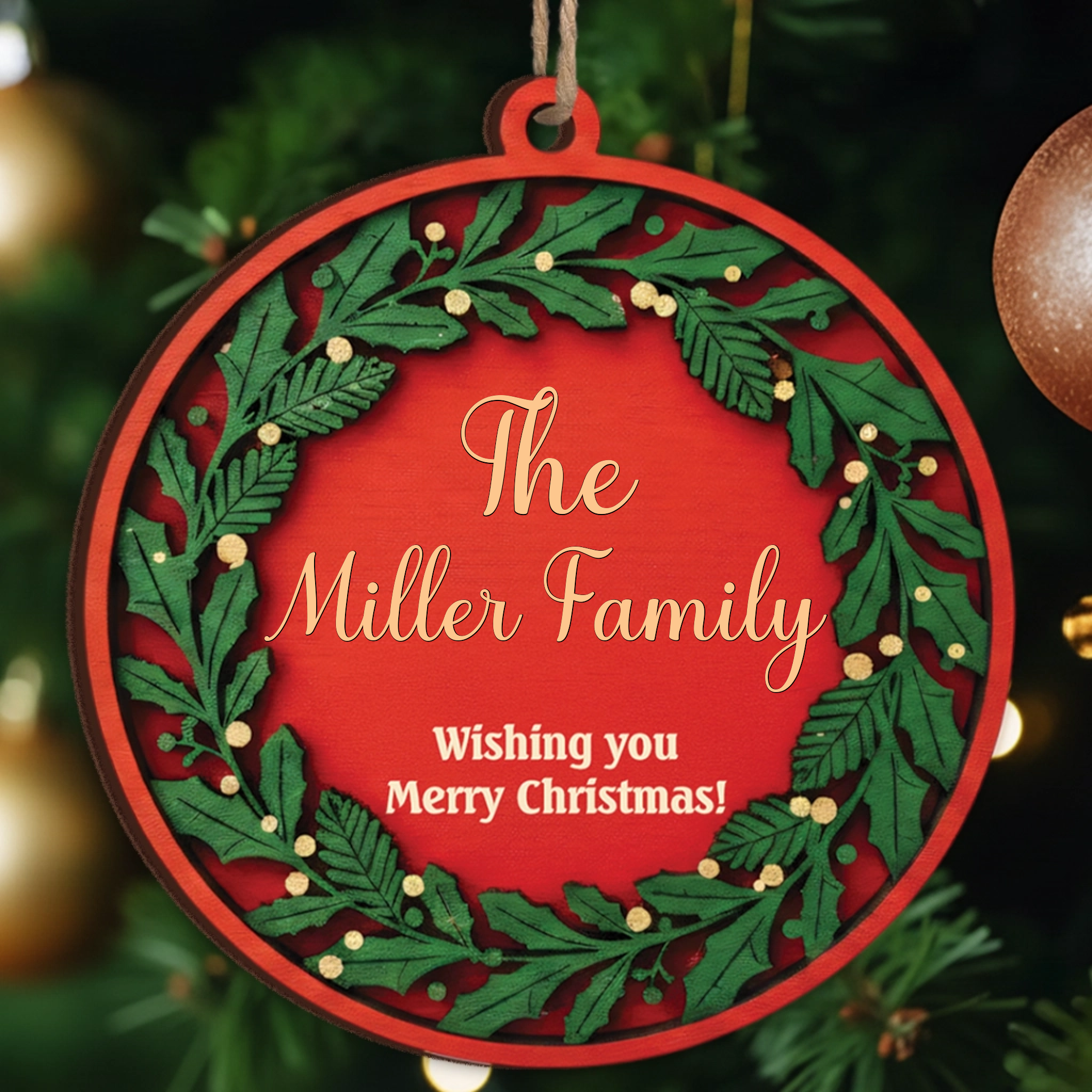 Wishing You Merry Christmas Custom Ornament - Personalized Family Name Wreath Gift