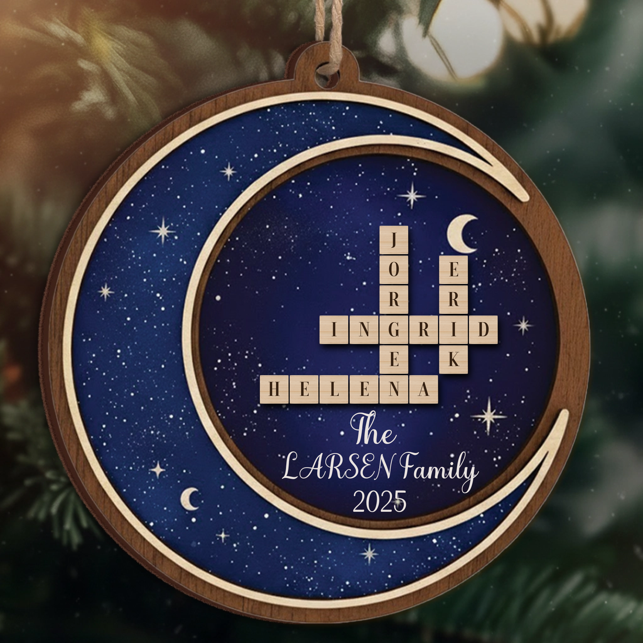Layered Starry Night Scrabble Ornament - Custom Family Names & Year Keepsake