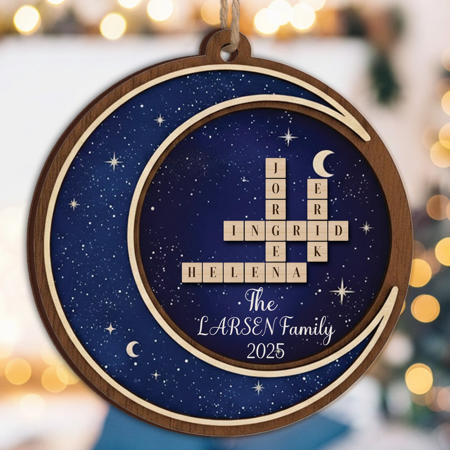 Layered Starry Night Scrabble Ornament - Custom Family Names & Year Keepsake