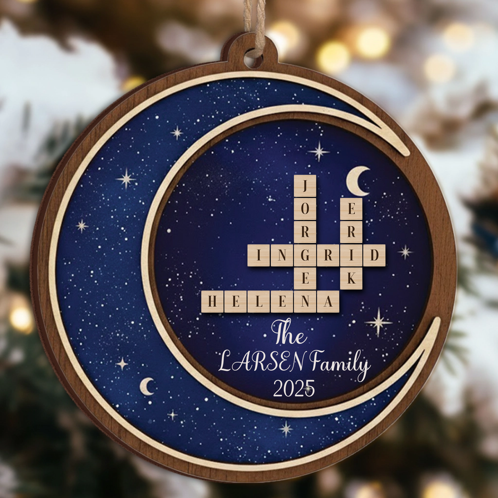 Layered Starry Night Scrabble Ornament - Custom Family Names & Year Keepsake