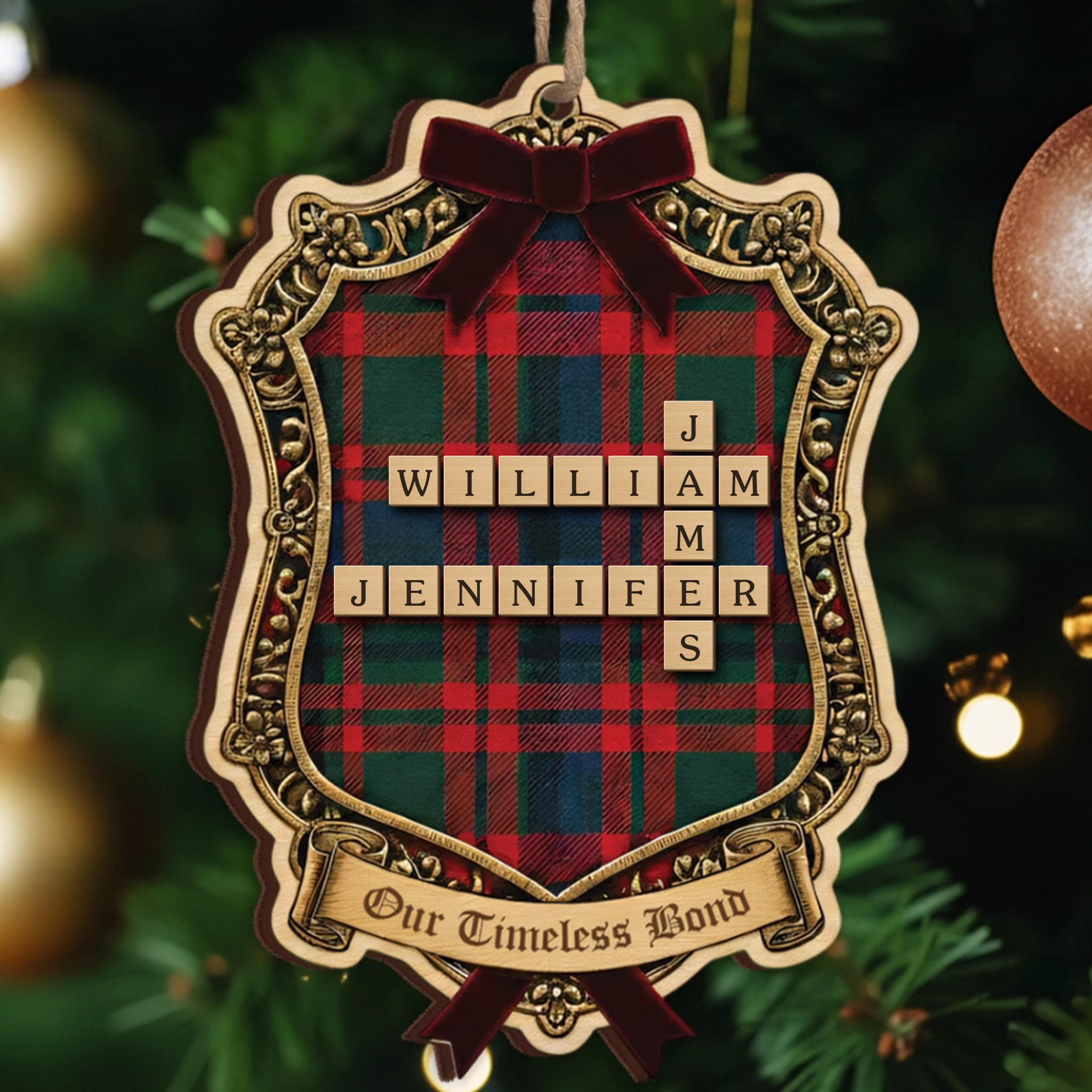 Our Timeless Bond Personalized Scrabble Ornament - Custom Family Roles Plaid Keepsake