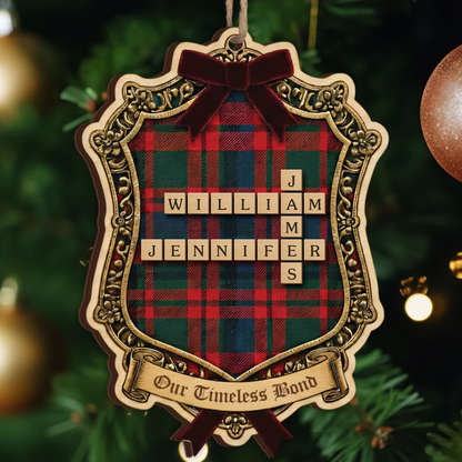 Our Timeless Bond Personalized Scrabble Ornament - Custom Family Roles Plaid Keepsake