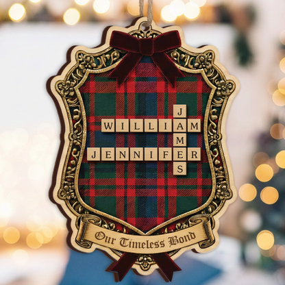 Our Timeless Bond Personalized Scrabble Ornament - Custom Family Roles Plaid Keepsake