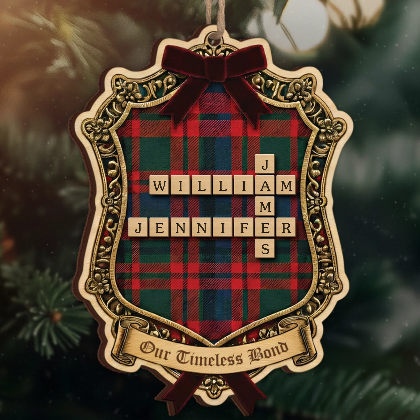 Our Timeless Bond Personalized Scrabble Ornament - Custom Family Roles Plaid Keepsake
