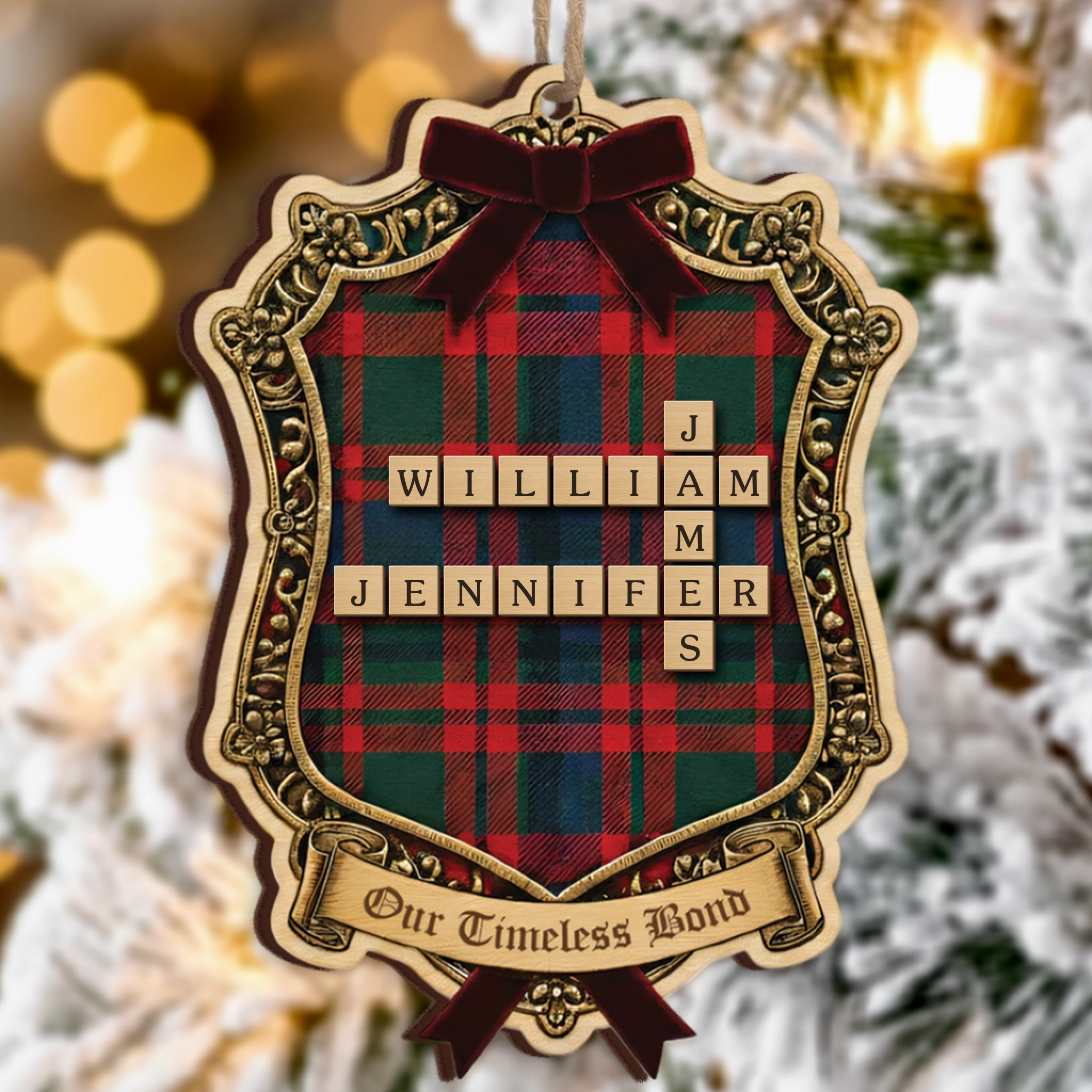 Our Timeless Bond Personalized Scrabble Ornament - Custom Family Roles Plaid Keepsake