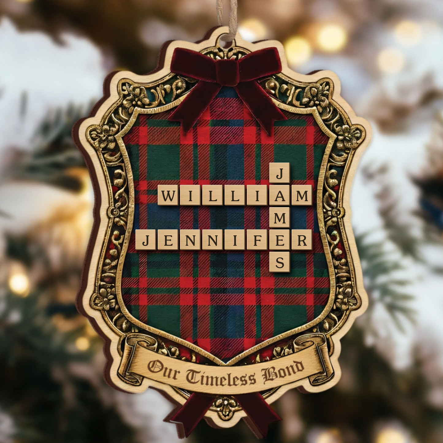 Our Timeless Bond Personalized Scrabble Ornament - Custom Family Roles Plaid Keepsake