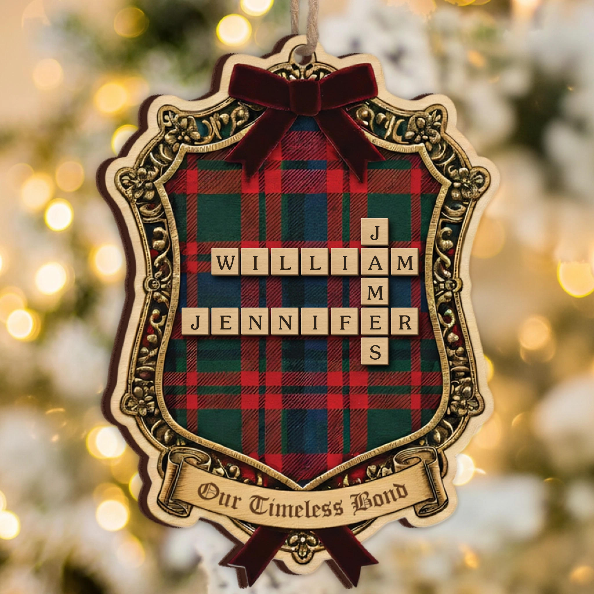 Our Timeless Bond Personalized Scrabble Ornament - Custom Family Roles Plaid Keepsake