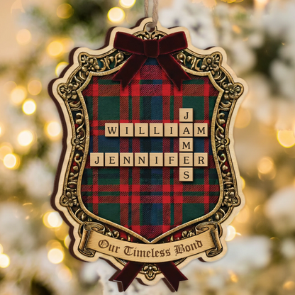 Our Timeless Bond Personalized Scrabble Ornament - Custom Family Roles Plaid Keepsake