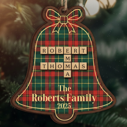 Custom Scrabble Name Christmas Bell Ornament - Plaid Family Gift 2025