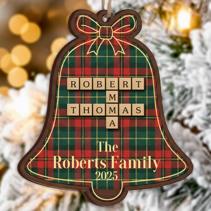 Custom Scrabble Name Christmas Bell Ornament - Plaid Family Gift 2025