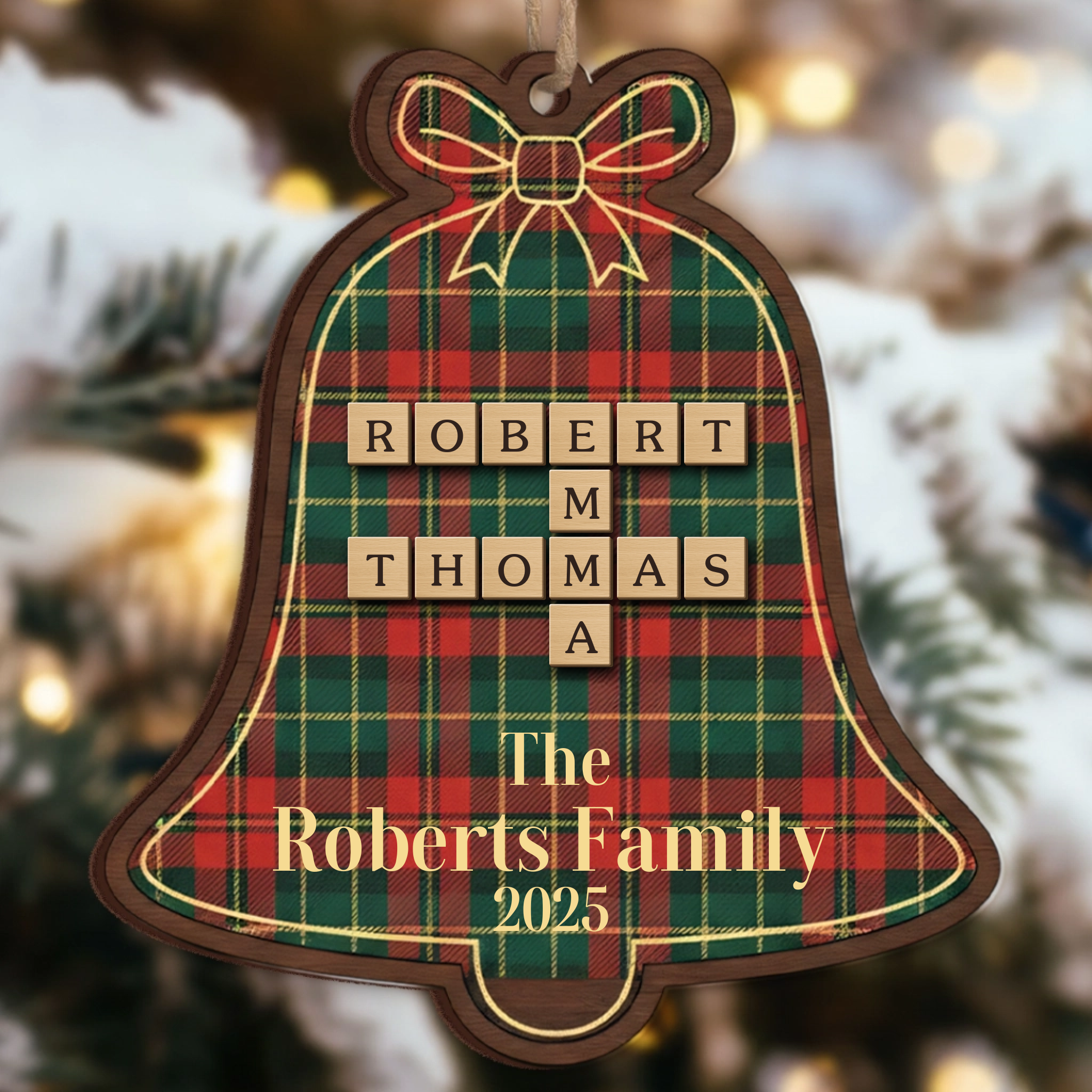 Custom Scrabble Name Christmas Bell Ornament - Plaid Family Gift 2025