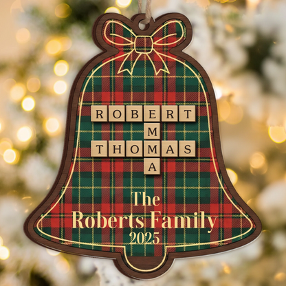 Custom Scrabble Name Christmas Bell Ornament - Plaid Family Gift 2025