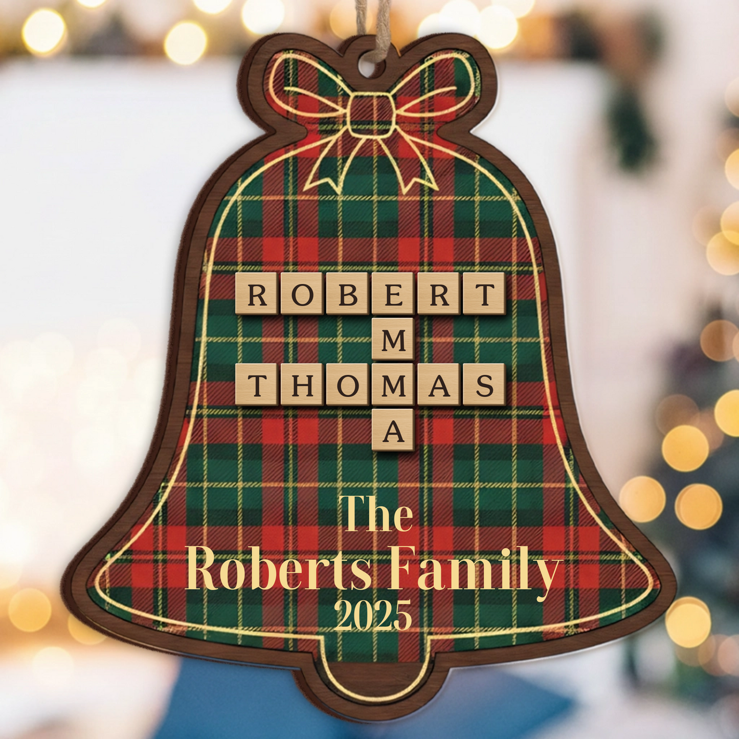Custom Scrabble Name Christmas Bell Ornament - Plaid Family Gift 2025