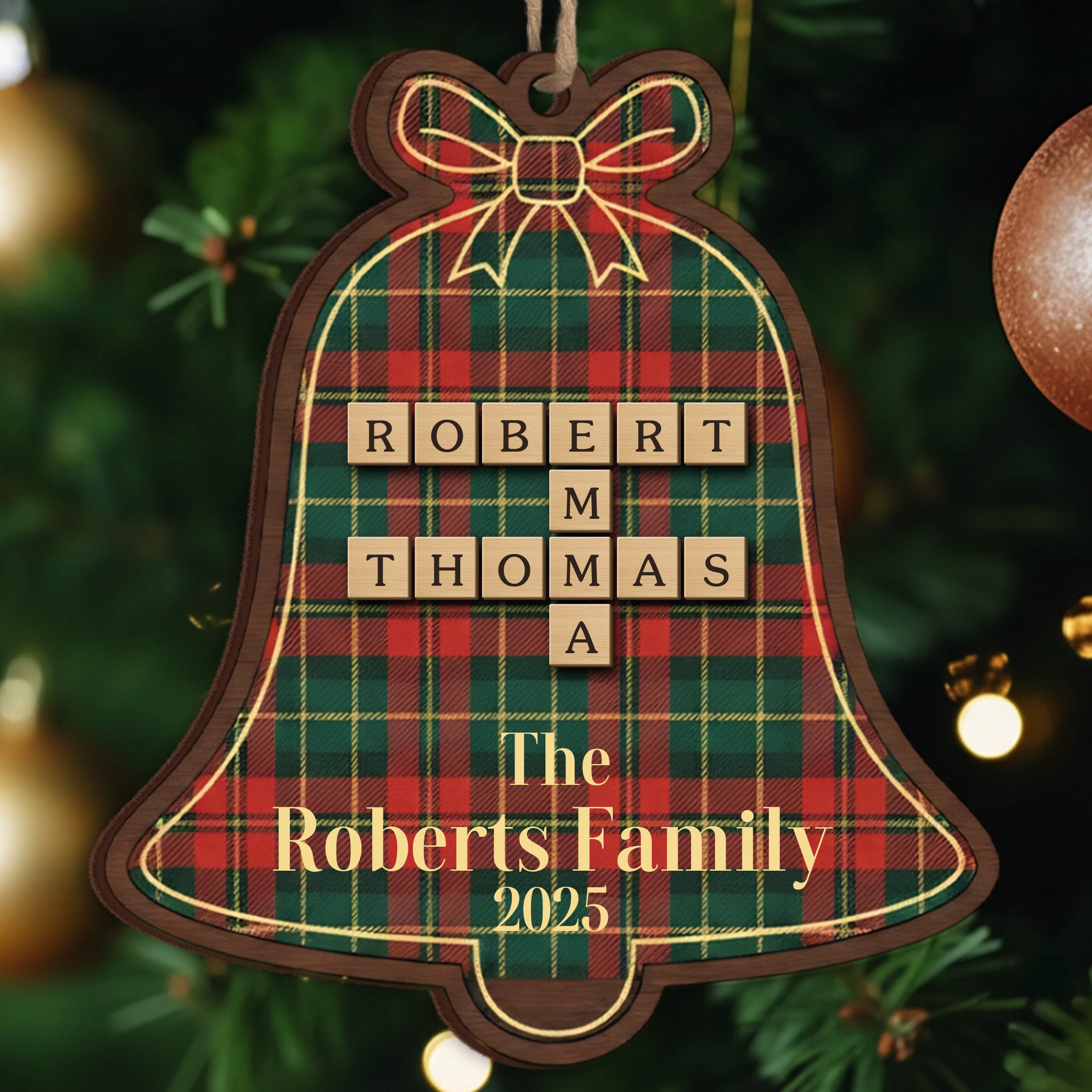 Custom Scrabble Name Christmas Bell Ornament - Plaid Family Gift 2025
