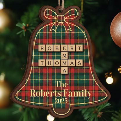 Custom Scrabble Name Christmas Bell Ornament - Plaid Family Gift 2025