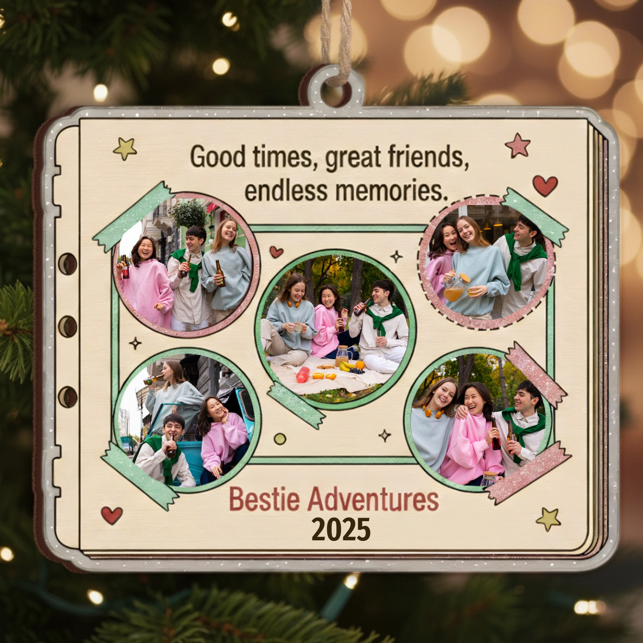 Bestie Adventures Personalized Scrapbook Ornament - Custom Pictures & Year Keepsake