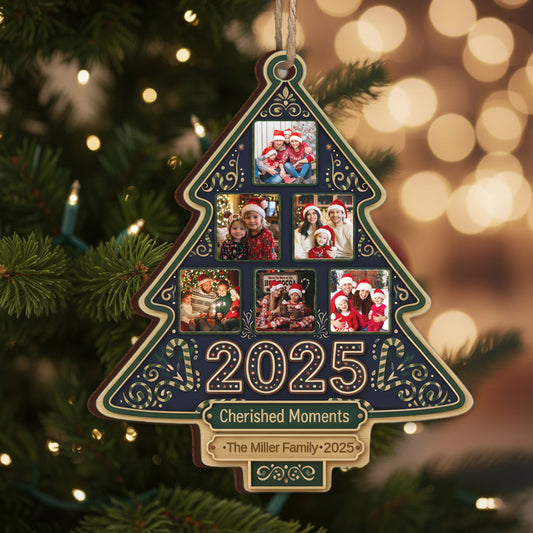 Cherished Moments Custom Photo Happy Family Christmas Tree - Personalized Custom Shaped Wood Ornament