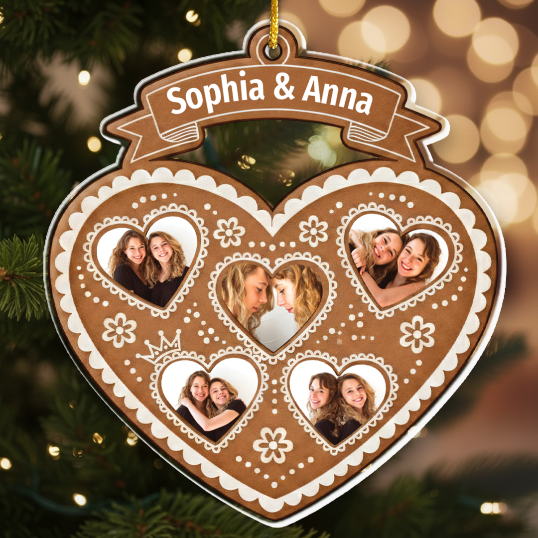 Gingerbread Heart Frame Ornament - Custom Names & Est. Year Gift for Sisters