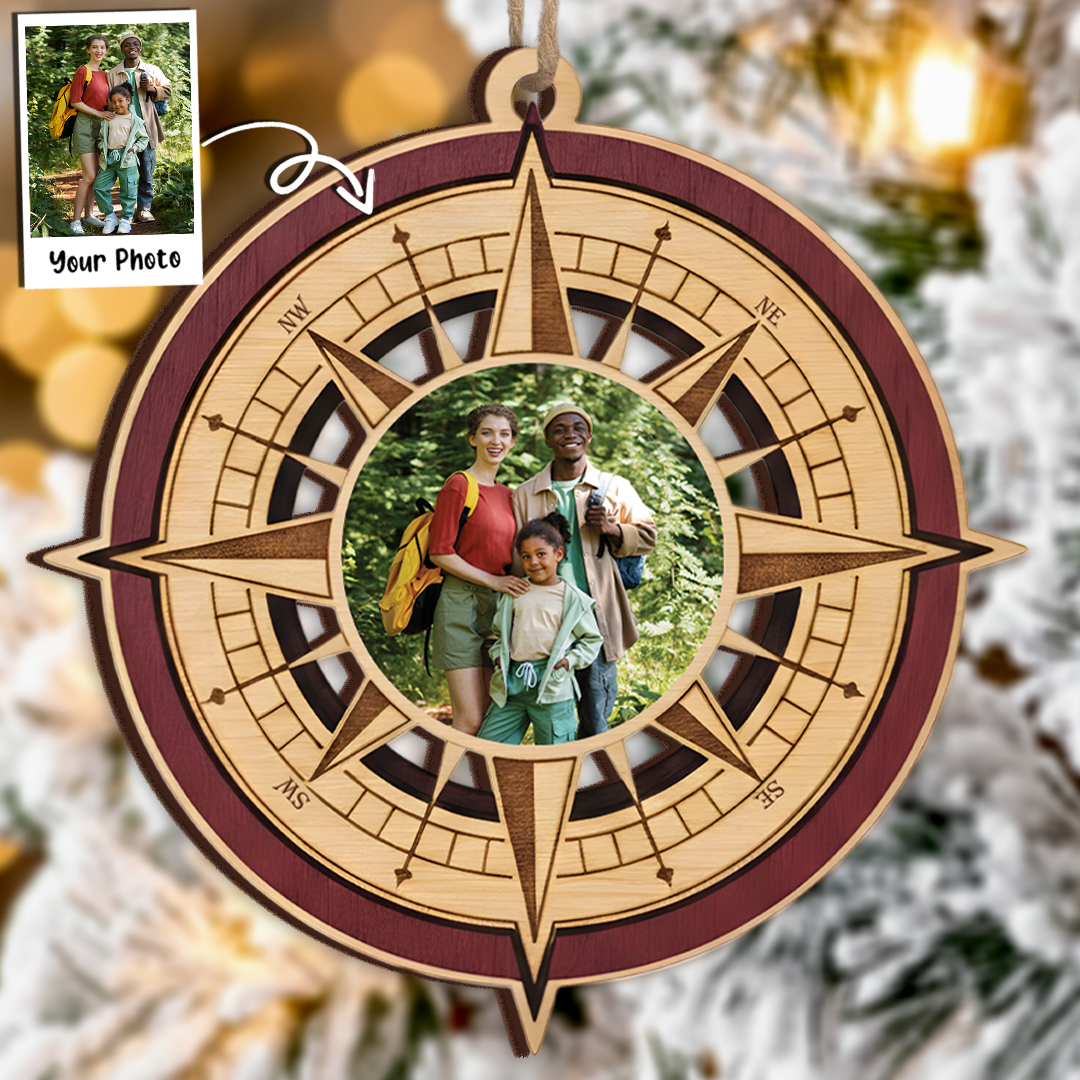 Custom Photo Compass Ornament - Layered Wood Keepsake