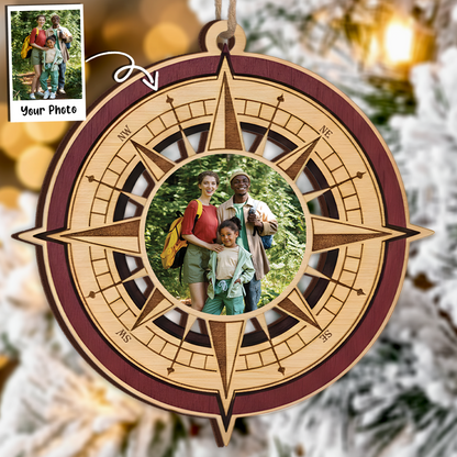 Custom Photo Compass Ornament - Layered Wood Keepsake
