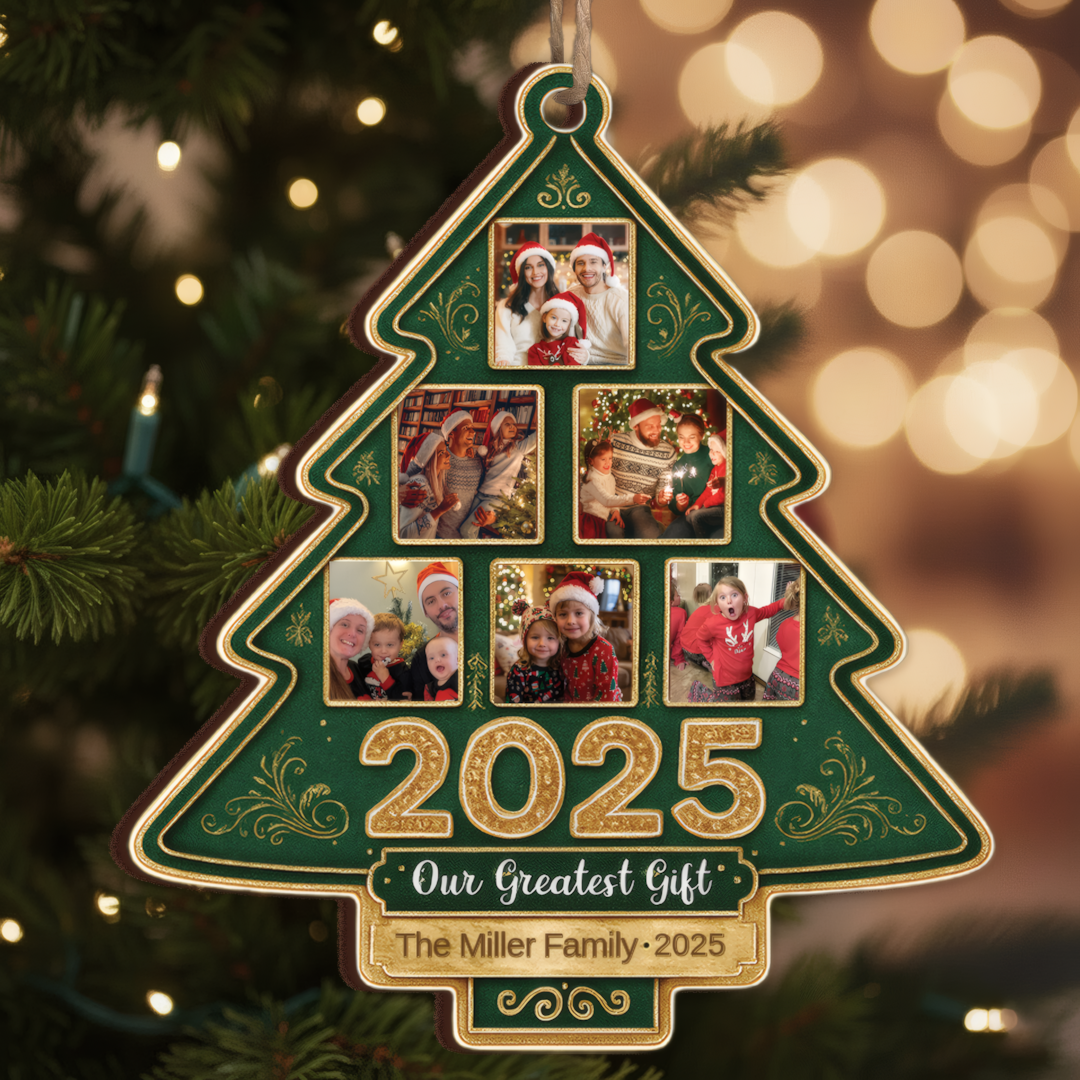 Our Greatest Gift Custom Photo Happy Family Christmas Tree - Personalized Custom Shaped Wood Ornament