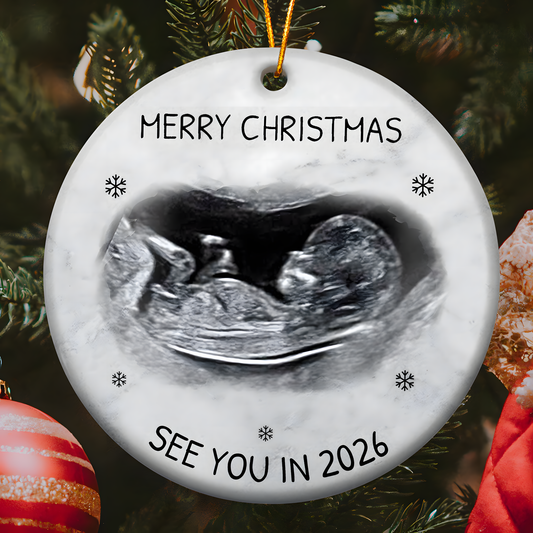 Custom Photo Baby Expecting See You In 2026 - Personalized Circle Ceramic Ornament